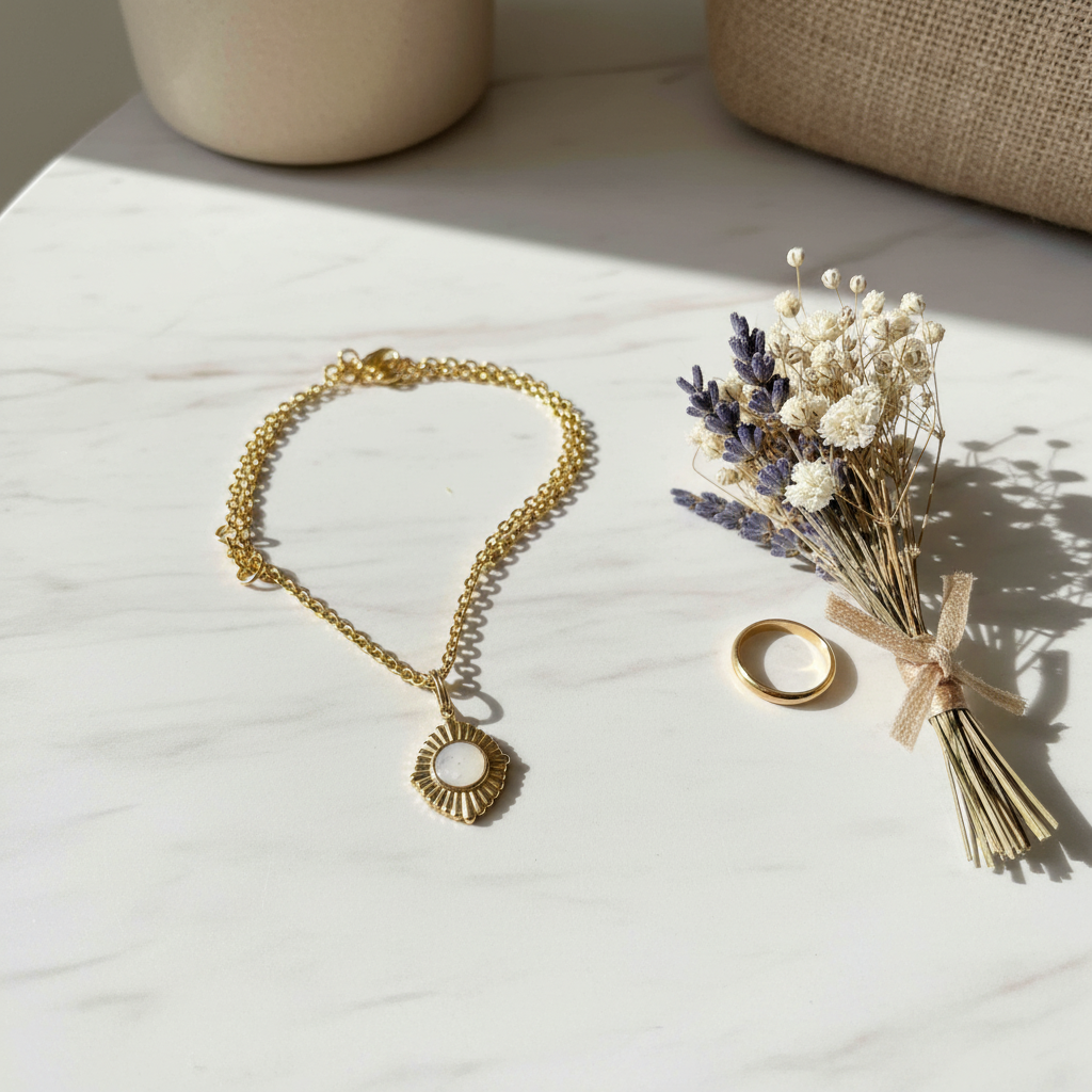 Collier soleil de lait - flat lay marbre blanc minimaliste