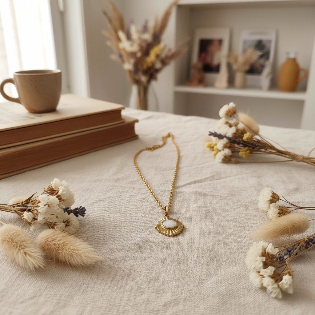 Collier soleil de lait - flat lay lin crème et fleurs séchées