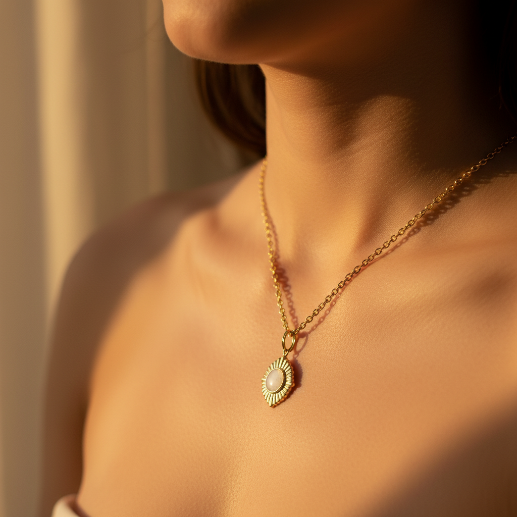 Collier soleil de lait - porté sur peau lumière dorée